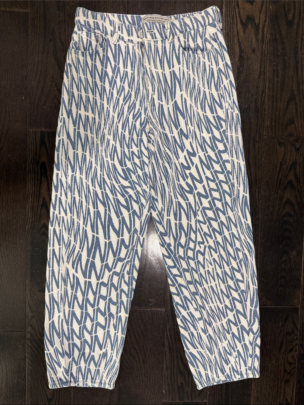 Women's White Jeans with Blue Abstract Print — Casual Relaxed Fit